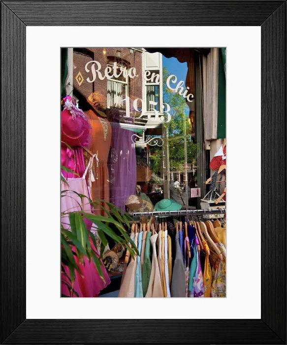 Framed Print : Detail of retro clothing shop; Amsterdam, Holland
