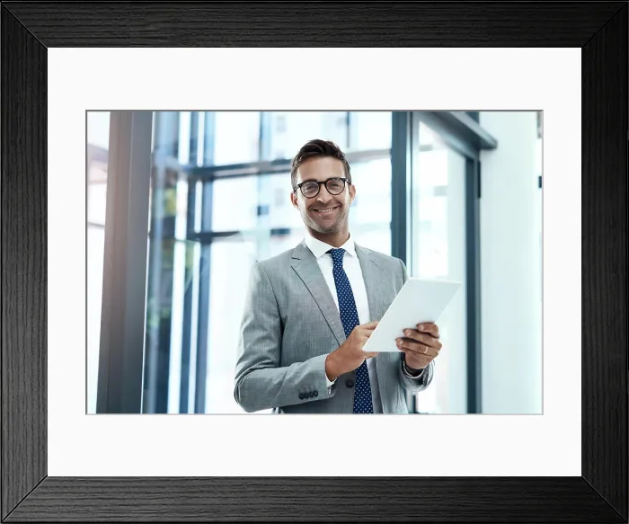 Framed Print : Portrait, businessman and internet with tablet in office for networking Framed Print : Portrait, businessman and internet with tablet in office for networking