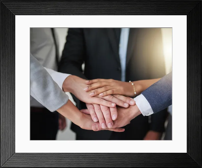 Framed Print : Group, pile and solidarity of hands in office Framed Print : Group, pile and solidarity of hands in office