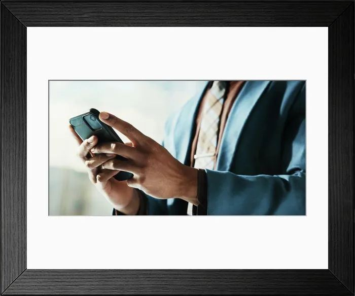Framed Print : Businessman, cellphone and hands with typing as network Framed Print : Businessman, cellphone and hands with typing as network