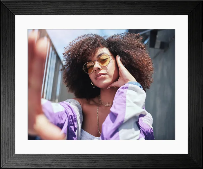 Framed Print : Woman, fashion and selfie with social media in city with influencer Framed Print : Woman, fashion and selfie with social media in city with influencer