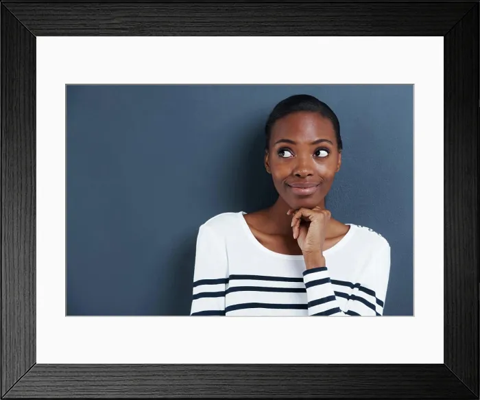 Framed Print : Thinking, idea and black woman with mockup in studio for planning Framed Print : Thinking, idea and black woman with mockup in studio for planning