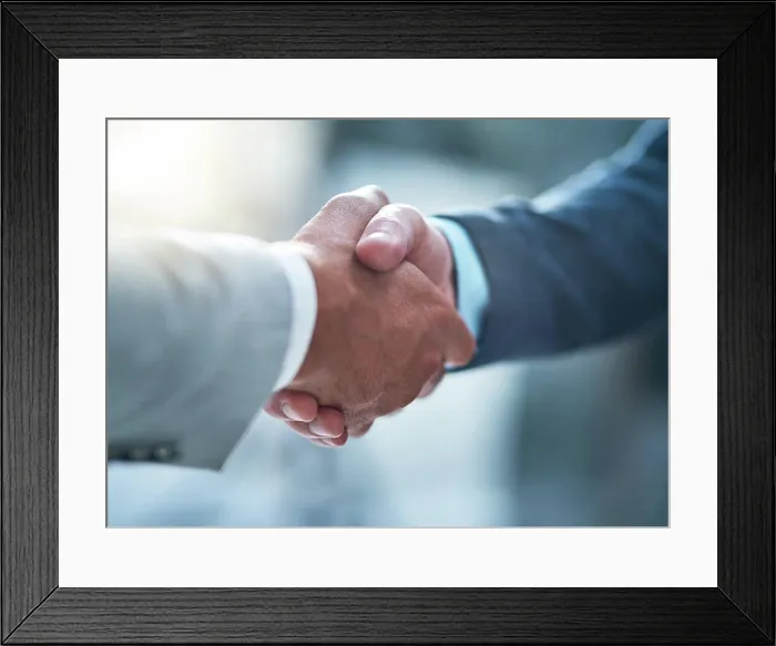 Framed Print : Business people, deal and handshake by men for b2b partnership Framed Print : Business people, deal and handshake by men for b2b partnership