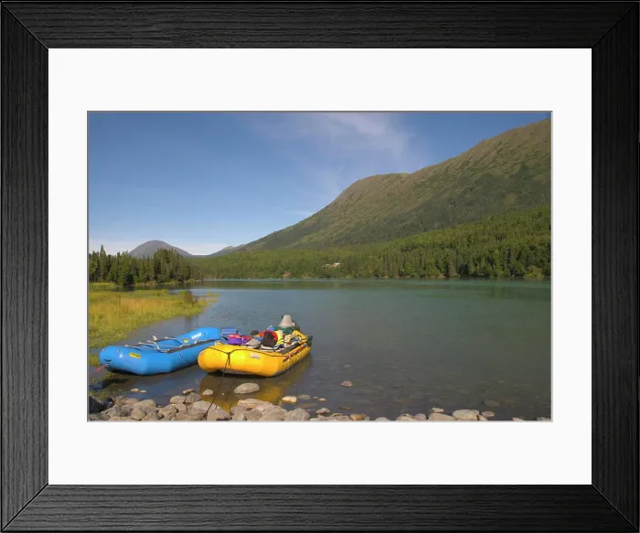 Framed Print : A blue and a yellow rubber raft on the Kenai River along the Sterling Highway in Alaska Framed Print : A blue and a yellow rubber raft on the Kenai River along the Sterling Highway in Alaska
