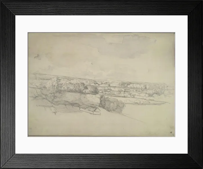 Framed Print : Pencil sketch by Johann Nepomuk Passini showing houses along a river landscape Framed Print : Pencil sketch by Johann Nepomuk Passini showing houses along a river landscape