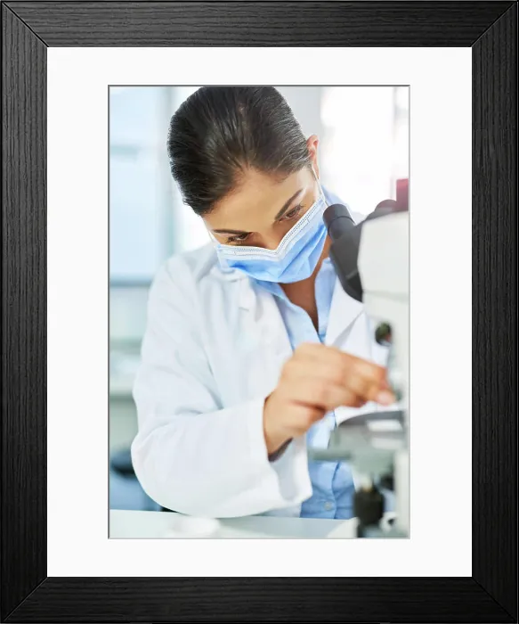 Framed Print : Virus, woman and scientist with mask for microscope Framed Print : Virus, woman and scientist with mask for microscope