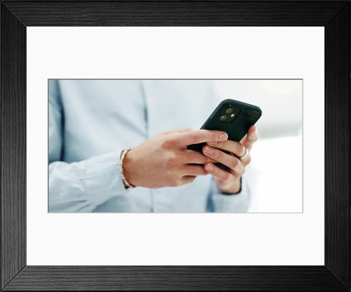 Framed Print : Business woman, hands and typing with smartphone for social network Framed Print : Business woman, hands and typing with smartphone for social network