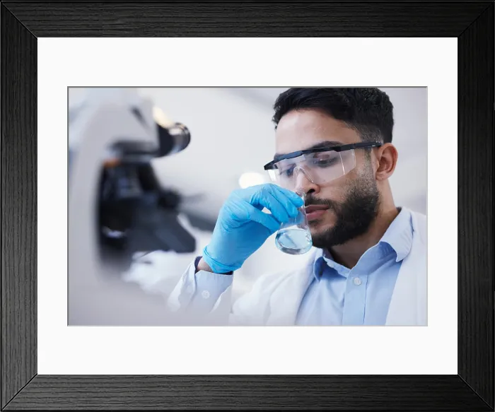 Framed Print : Man, smell or scientist with liquid to research for a test analysis Framed Print : Man, smell or scientist with liquid to research for a test analysis