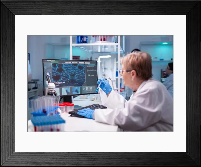 Framed Print : Professional doctor scientist looking in computer for medical experiment