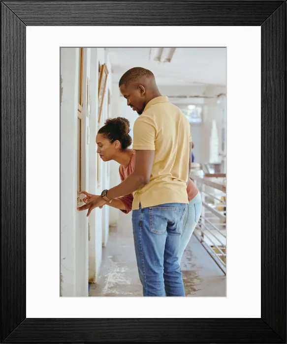 Framed Print : Adoption, animal shelter and charity with a black couple in a rescue center for the foster care of a pet Framed Print : Adoption, animal shelter and charity with a black couple in a rescue center for the foster care of a pet
