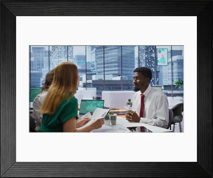 Framed Print : Professional team of recruiters evaluating a job candidate resume during a formal interview Framed Print : Professional team of recruiters evaluating a job candidate resume during a formal interview