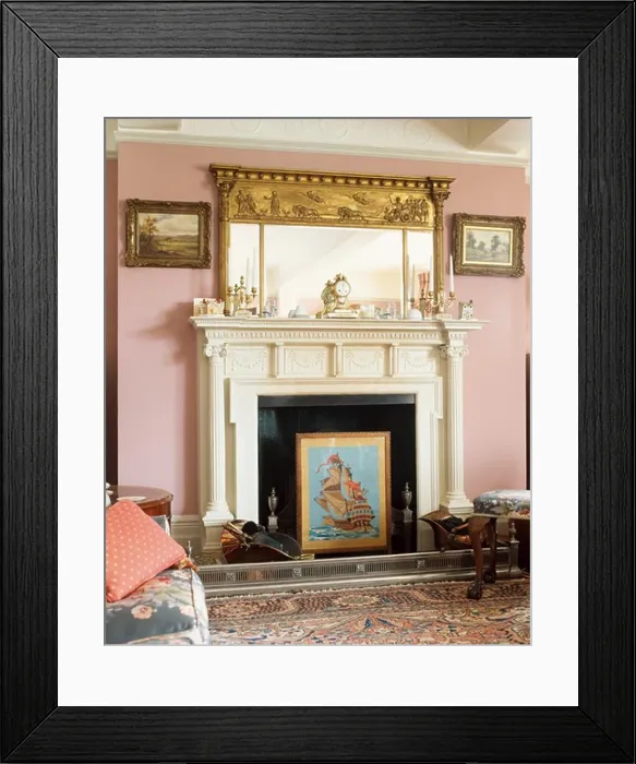 Framed Print : Ornate gilt mirror above neo-classical fireplace with firescreen