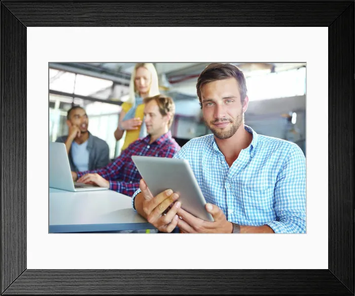 Framed Print : Man, tablet and portrait at startup Framed Print : Man, tablet and portrait at startup