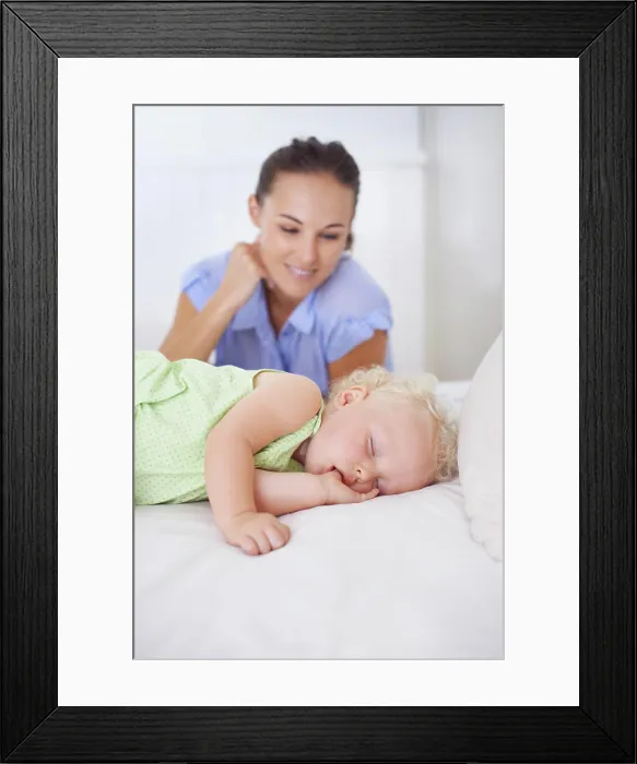 Framed Print : Smile, sleeping and mother with baby on bed for bonding