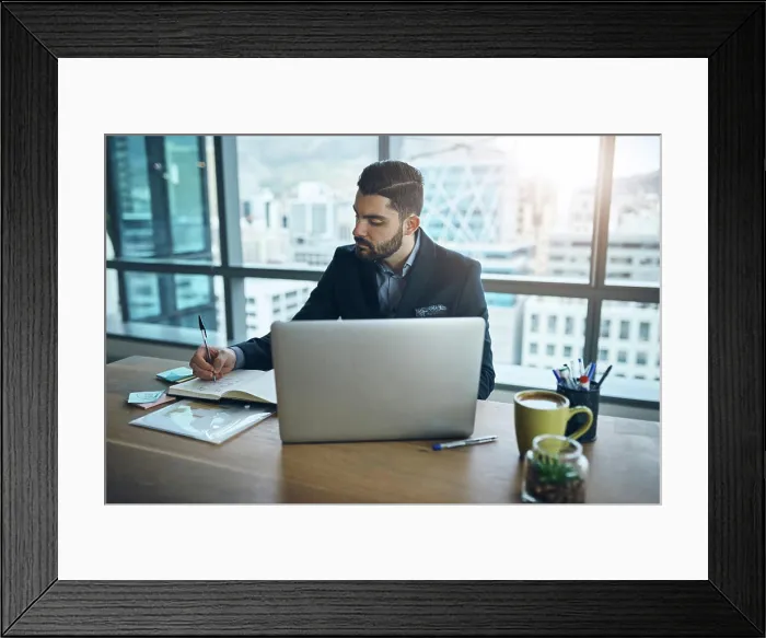Framed Print : Laptop, notebook and businessman in office for planning