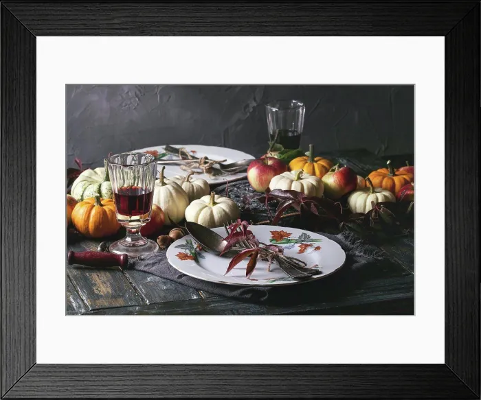 Framed Print : Autumn holiday table decoration setting with decorative pumpkins