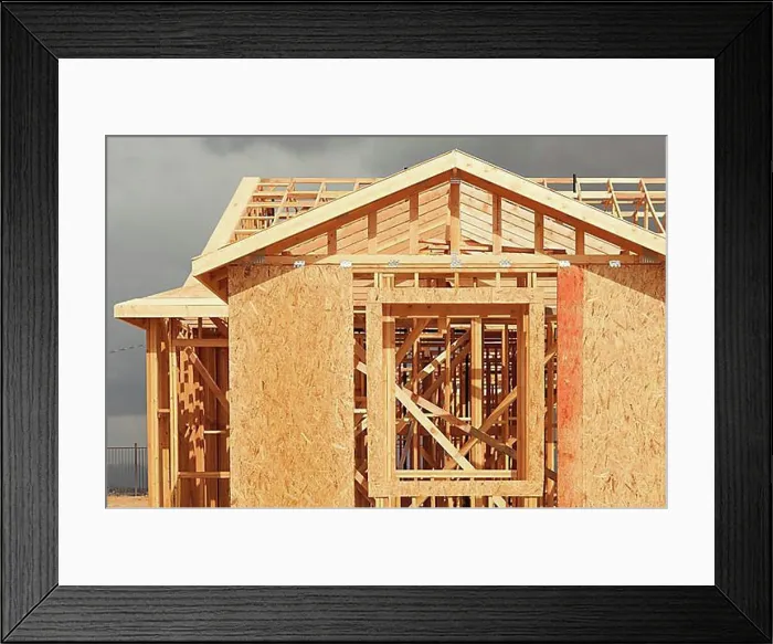 Framed Print : Wood home framing abstract at construction site Framed Print : Wood home framing abstract at construction site