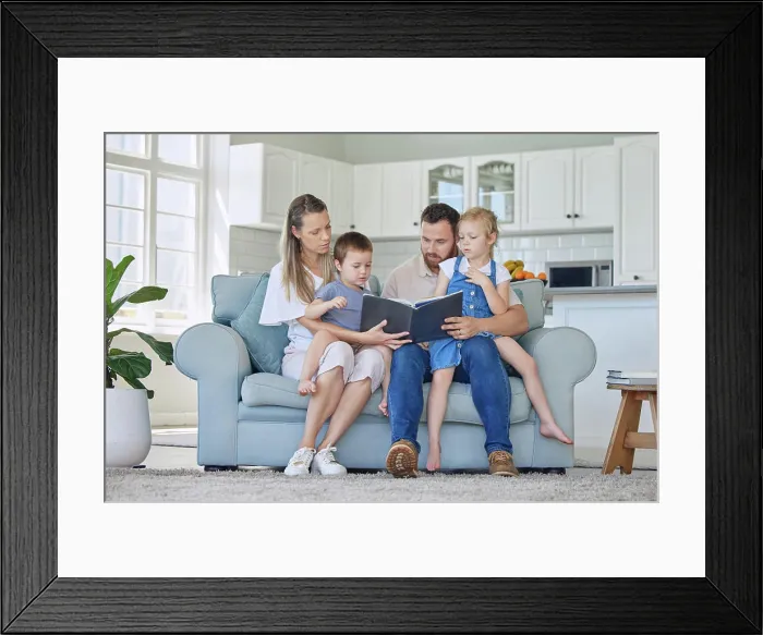 Framed Print : Parents, kids and home with storytelling on sofa for fantasy Framed Print : Parents, kids and home with storytelling on sofa for fantasy