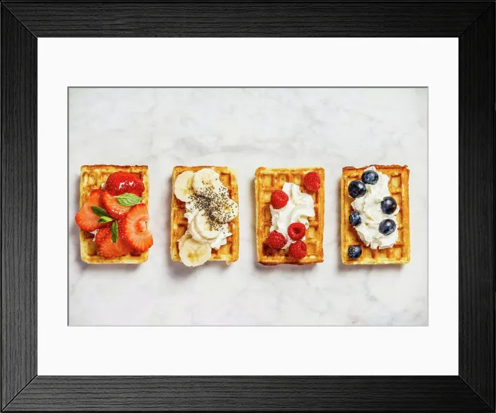 Framed Print : Traditional belgian waffles with whipped cream and fresh fruits and berries on white marble background Framed Print : Traditional belgian waffles with whipped cream and fresh fruits and berries on white marble background
