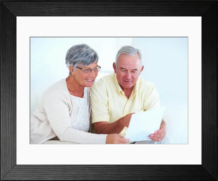 Framed Print : Home, senior couple and budget with document for finance Framed Print : Home, senior couple and budget with document for finance