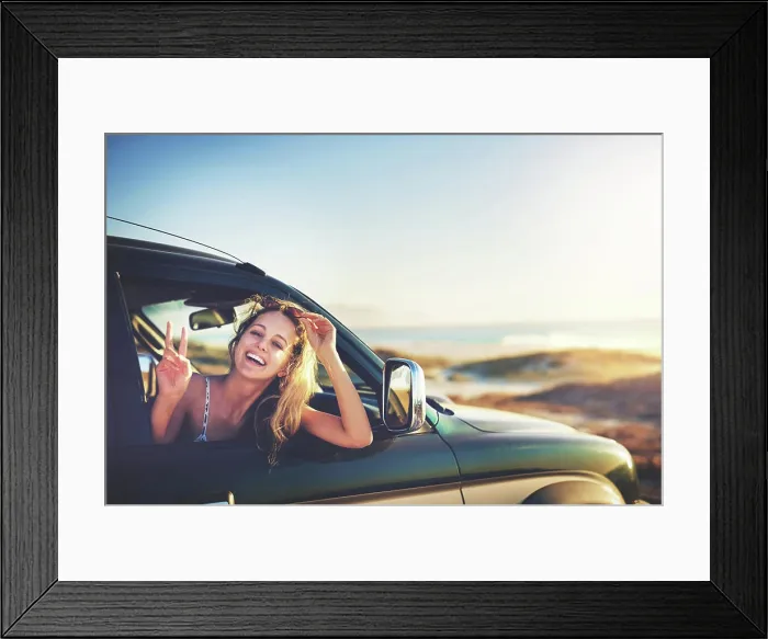 Framed Print : Woman, travel and smile for peace on road trip Framed Print : Woman, travel and smile for peace on road trip