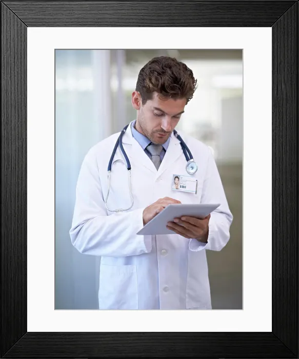 Framed Print : Research, tablet and doctor in hospital for medical information on the internet for diagnosis Framed Print : Research, tablet and doctor in hospital for medical information on the internet for diagnosis