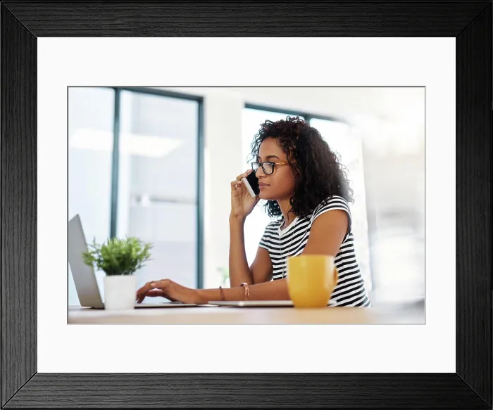 Framed Print : Woman, laptop and phone call in home office for startup