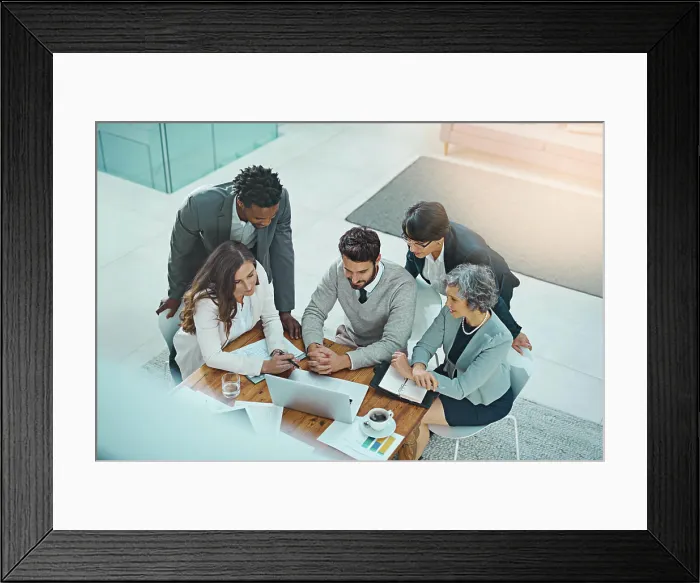 Framed Print : Business meeting, laptop and brainstorming in office for project Framed Print : Business meeting, laptop and brainstorming in office for project