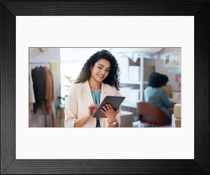 Framed Print : Fashion, woman and ecommerce with tablet for logistics Framed Print : Fashion, woman and ecommerce with tablet for logistics