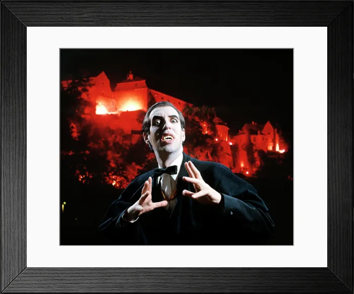 Framed Print : Man In Vampire Makeup And Costume Gesturing Menacingly Castle Background Studio Superstition Folklore