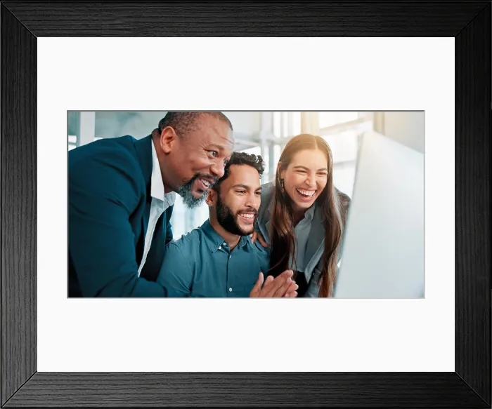 Framed Print : Business people, success and laptop in office Framed Print : Business people, success and laptop in office