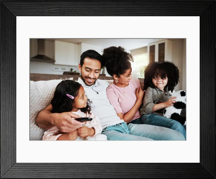 Framed Print : Happy family, parents and kids watching tv in home of movies Framed Print : Happy family, parents and kids watching tv in home of movies