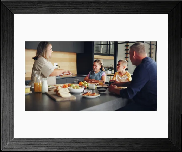 Framed Print : Parents, kids and serving breakfast in kitchen with healthy nutrition Framed Print : Parents, kids and serving breakfast in kitchen with healthy nutrition