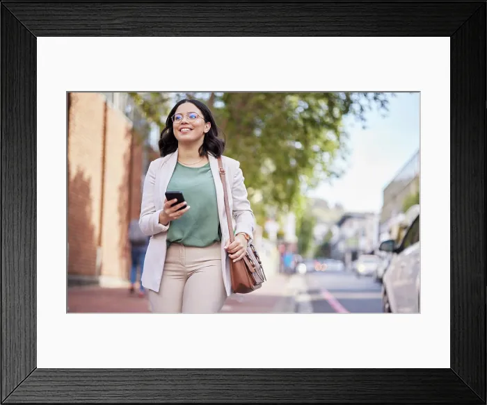 Framed Print : Phone, walking and a business woman outdoor in a city with communication Framed Print : Phone, walking and a business woman outdoor in a city with communication