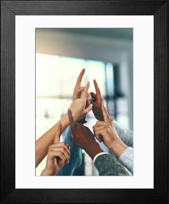 Framed Print : Business people, hands and question session in office