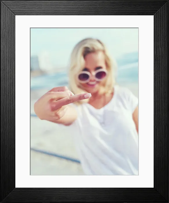 Framed Print : Beach, sunglasses and hand of woman with middle finger for rebel