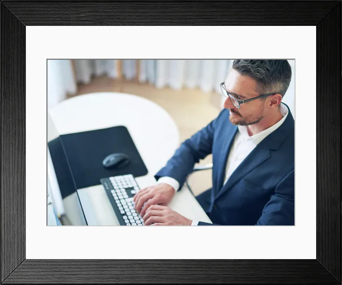 Framed Print : Businessman, smile and working on computer Framed Print : Businessman, smile and working on computer