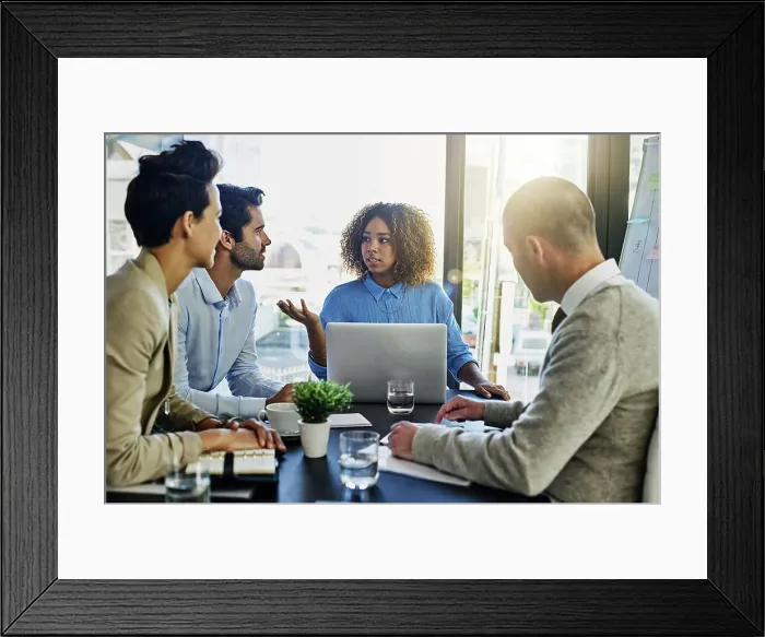 Framed Print : Business woman, laptop and coaching with team in meeting Framed Print : Business woman, laptop and coaching with team in meeting