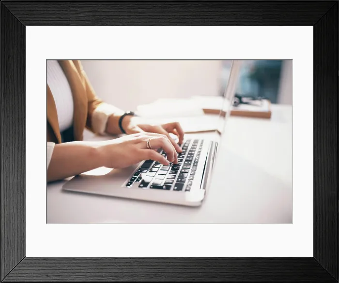 Framed Print : Hands typing, laptop and office with black woman Framed Print : Hands typing, laptop and office with black woman