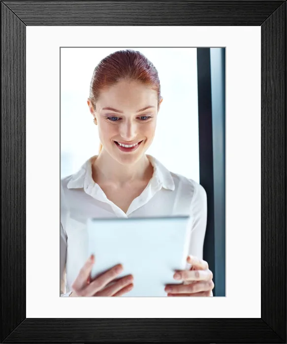Framed Print : Report, smile and tablet with business woman at glass window in office for online research
