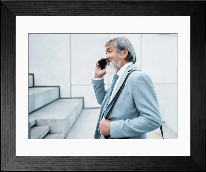 Framed Print : Asian man, business leader and phone call for marketing planning