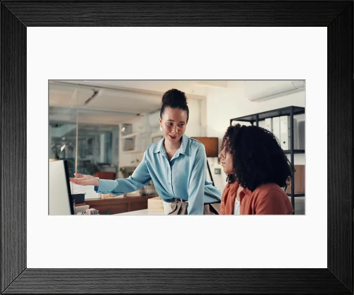Framed Print : Online, women and teamwork with computer