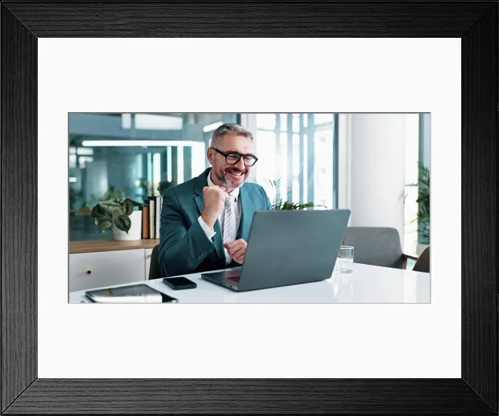 Framed Print : Laptop, businessman and excited with fist pump in office Framed Print : Laptop, businessman and excited with fist pump in office