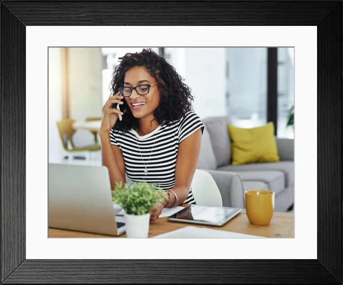 Framed Print : Creative designer, laptop and phone call with remote work for startup Framed Print : Creative designer, laptop and phone call with remote work for startup