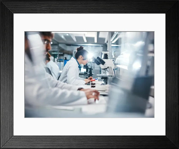 Framed Print : Medical, research and scientist in laboratory with microscope Framed Print : Medical, research and scientist in laboratory with microscope