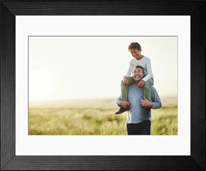 Framed Print : Smile, father and piggyback of son in nature
