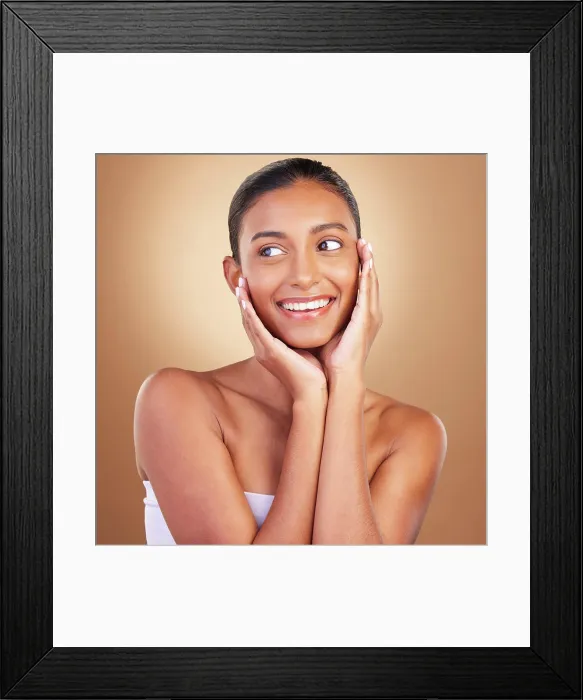 Framed Print : Beauty, skincare and touch with indian woman in studio for happy Framed Print : Beauty, skincare and touch with indian woman in studio for happy