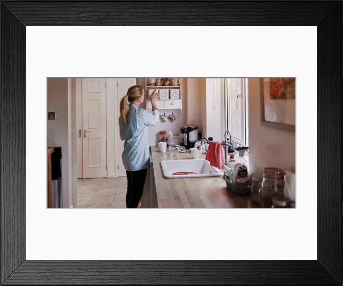 Framed Print : Spring cleaning, kitchen and woman cleaner doing house work in a home for hygiene
