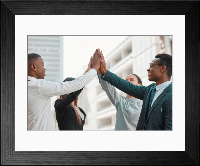 Framed Print : Business, people and happy with high five for support with teamwork Framed Print : Business, people and happy with high five for support with teamwork