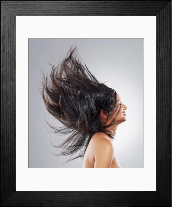 Framed Print : Salon, woman and hair flip in studio with happiness for keratin treatment Framed Print : Salon, woman and hair flip in studio with happiness for keratin treatment